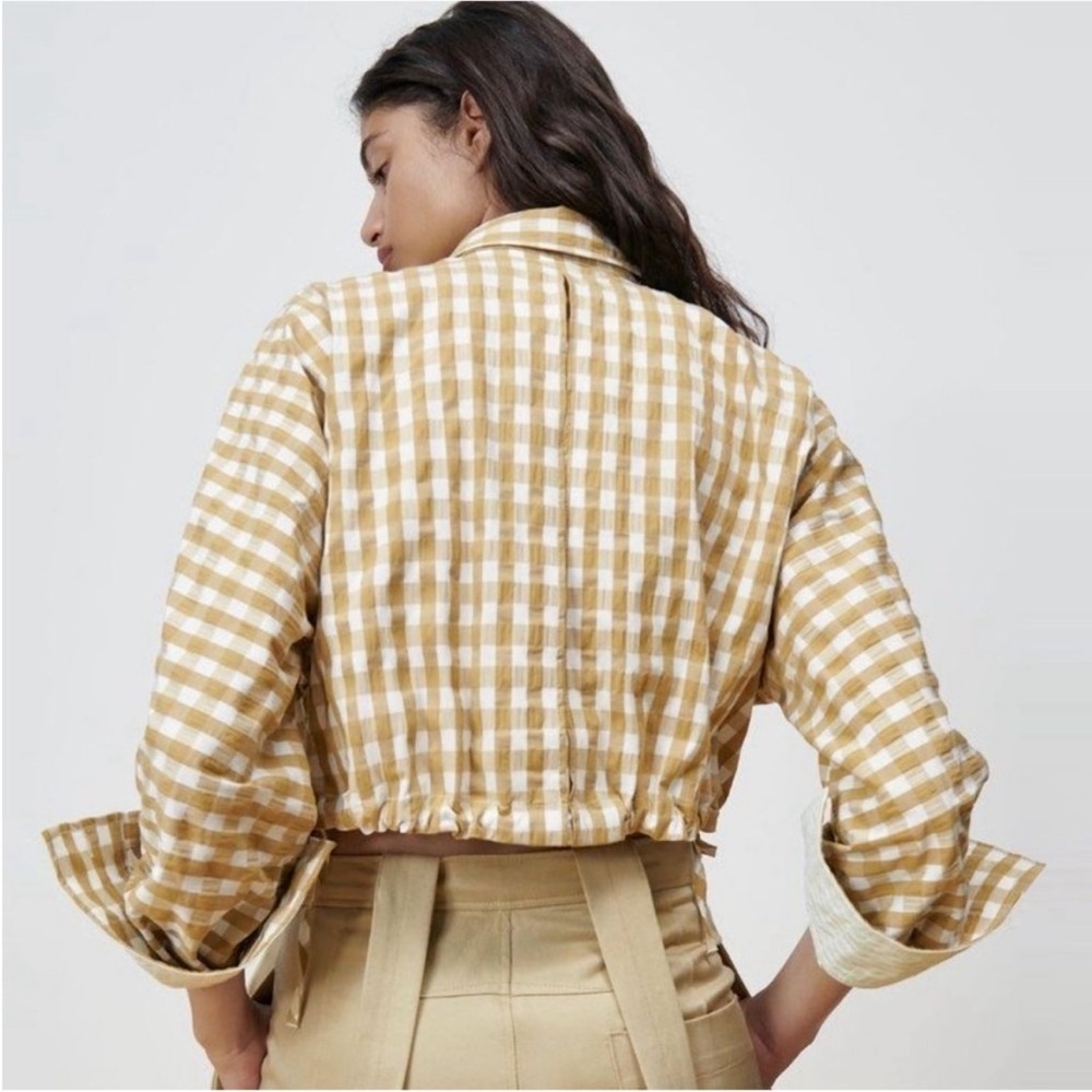 Zara Gingham Button-Up Cropped Shirt with Adjustable Drawstring Hem- Size S - Picture 2 of 7